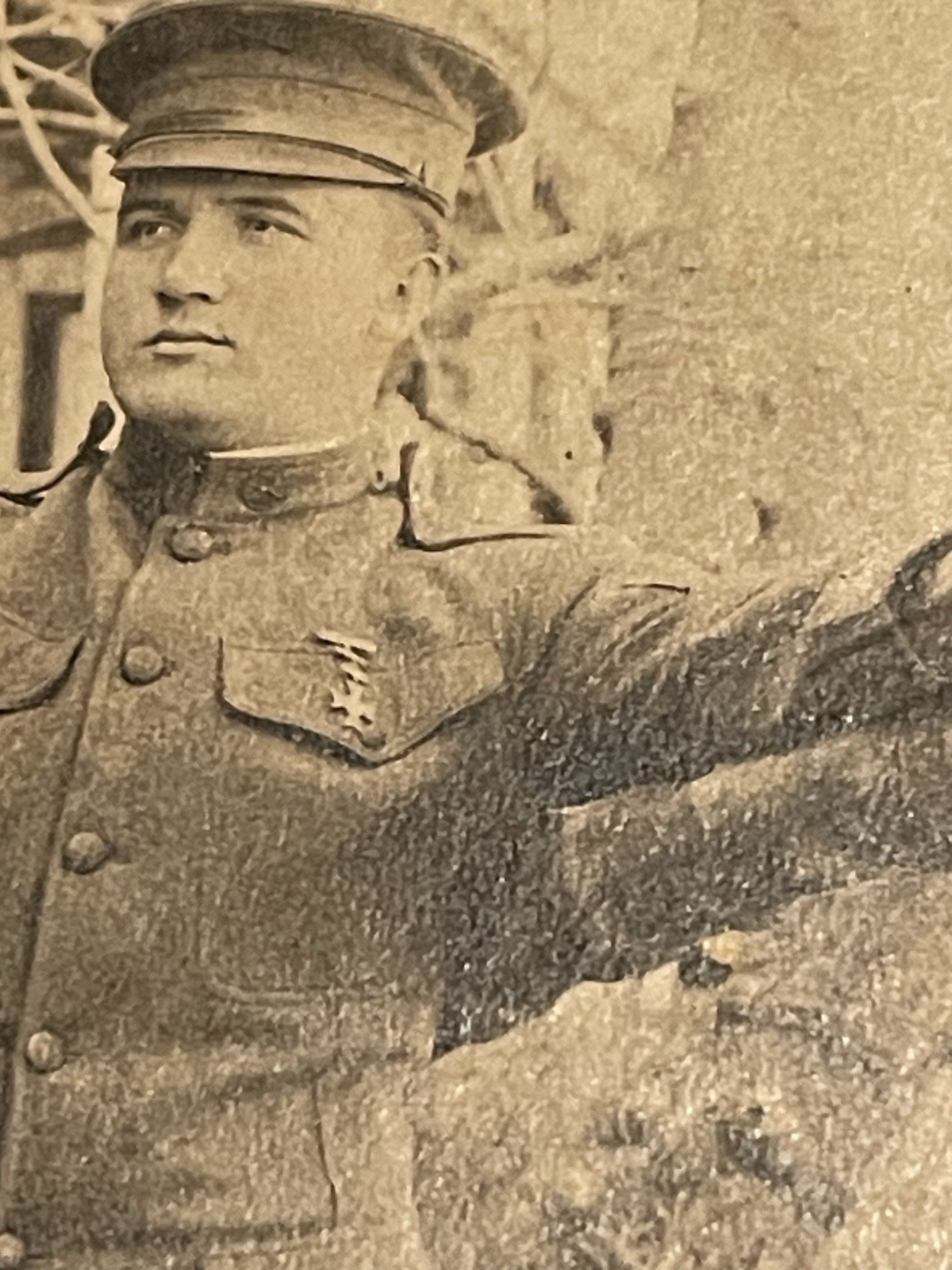 WW1 Photograph Young Military Soldier In Uniform With Medal & Hat - Sepia Color