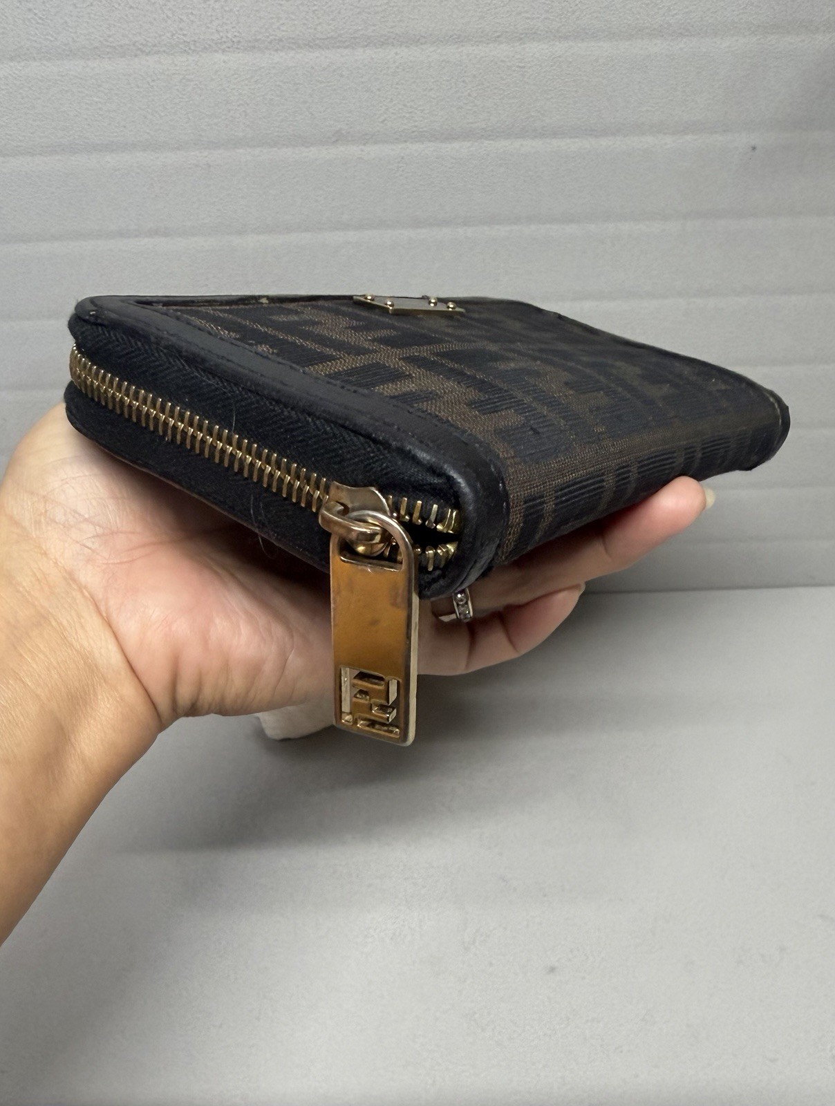 Vintage Classic FENDI ZUCCA Brown/black Trim Continental Zip Around Wallet