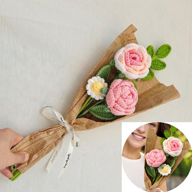 Knitting Crochet Artificial Flower Bouquet for Anniversary Housewarming Mom Gift