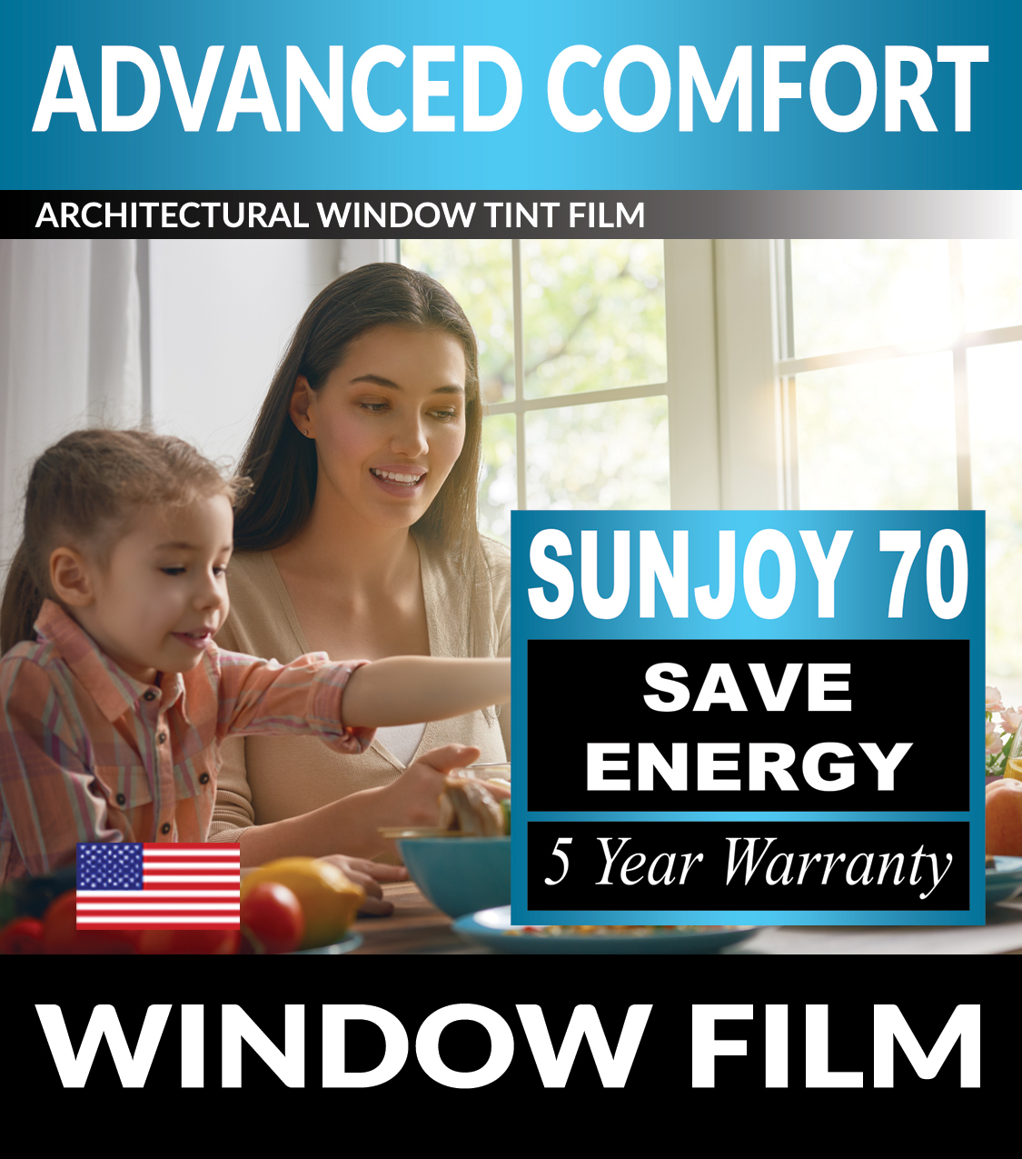 SunJoy 70 Virtually Clear Home Commercial Window Tint Film Solar UV Heat Control