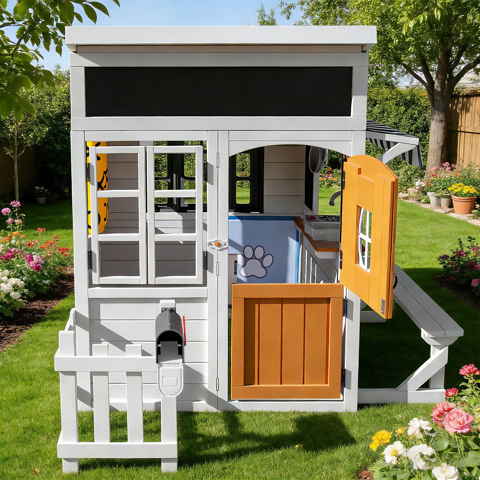 Kids Wooden Playhouse Outdoor Cottage Play Kitchen,Bench,Blackboard,Tic-Tac-Toe