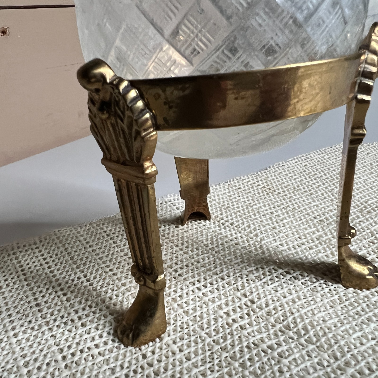 Vintage Brass Footed Cut Glass Bowl Crystal Open Salt Cellar Trinket Dish