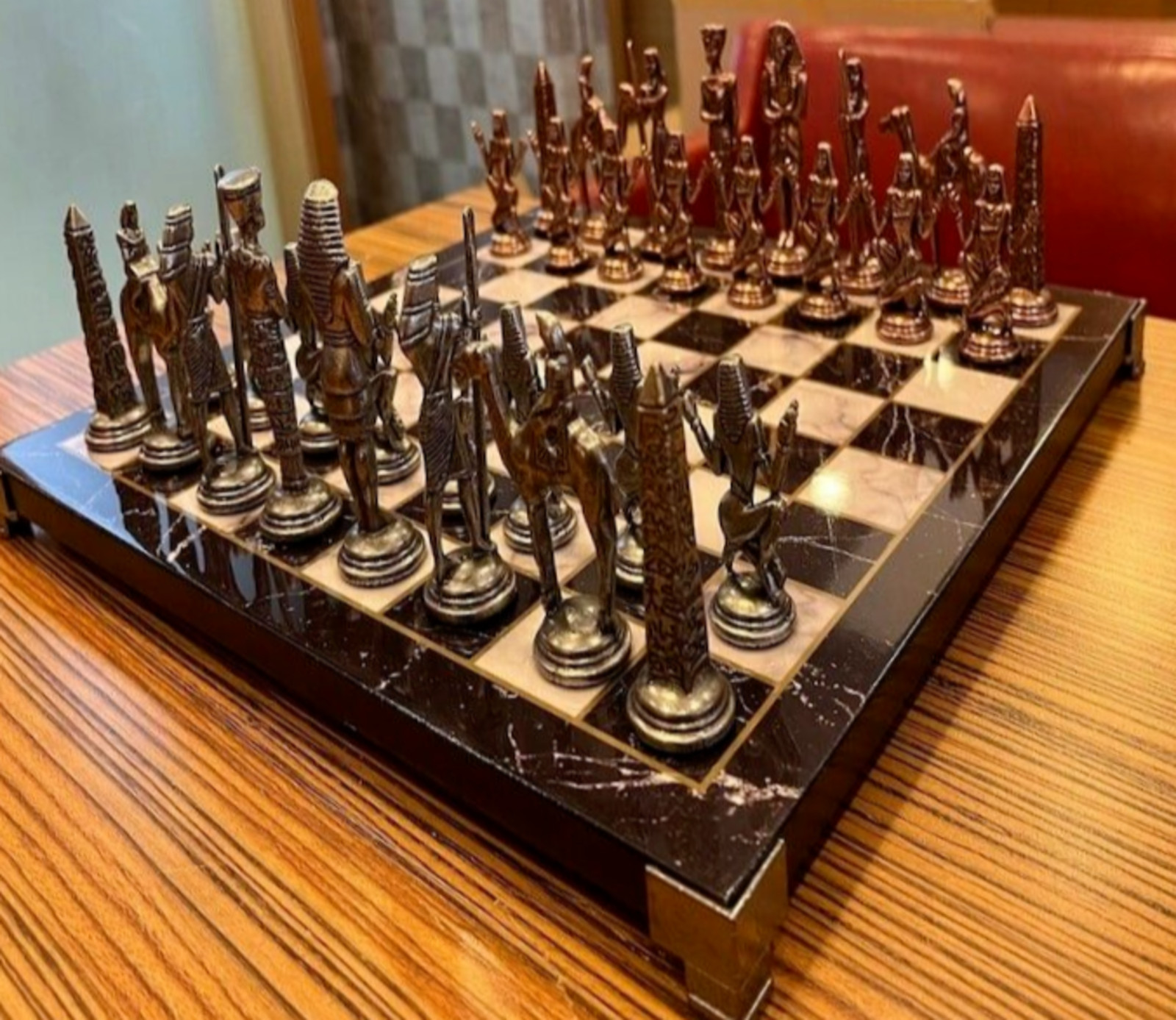 XL Antique Cleopatra Pharaoh Chess Set Marble Wooden Board Handmade 🎁 Gift Idea