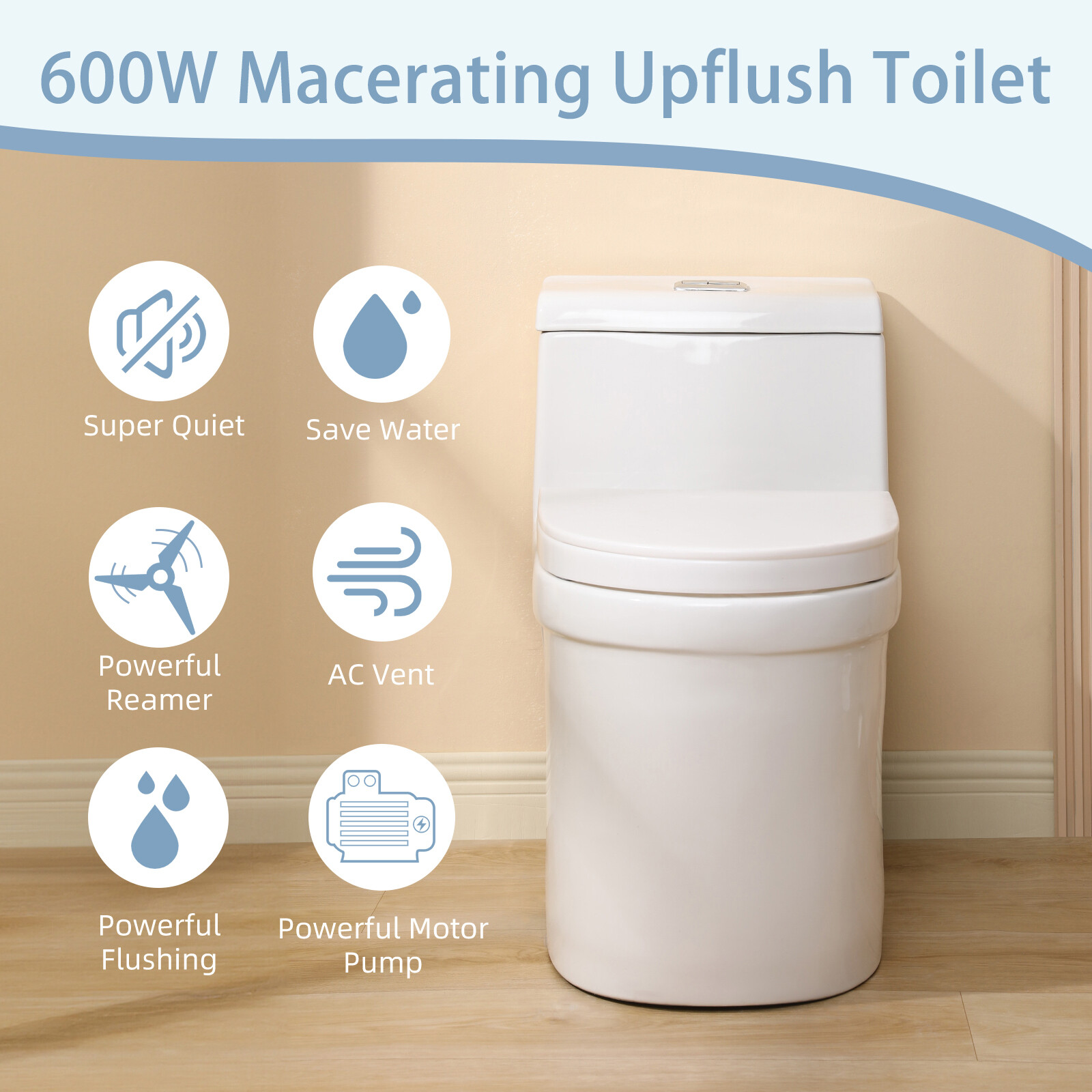 600W One Piece Macerating Toilet System Upflush Toilet with Pump 3 Inlets
