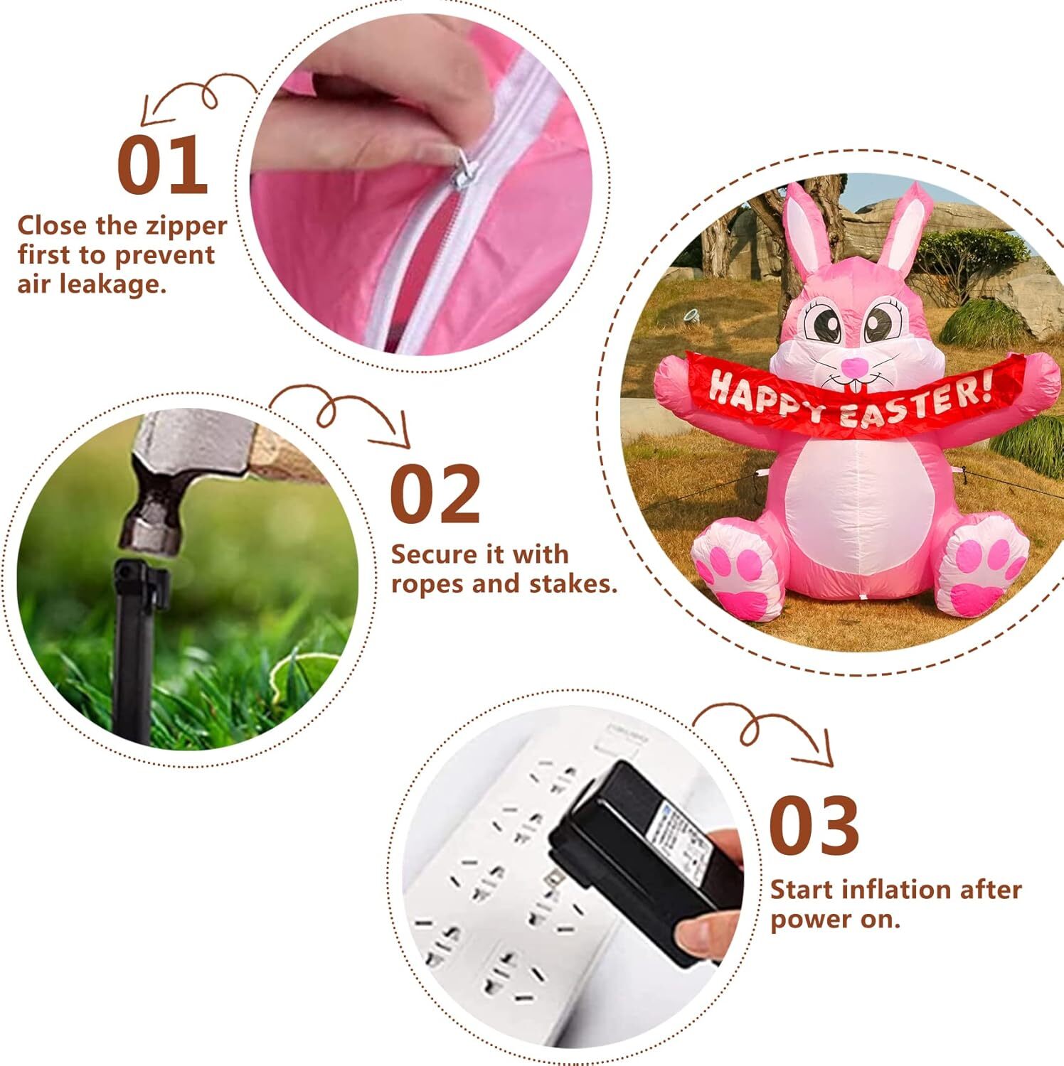 5 FT Easter Pink Bunny Inflatable Lighted Yard Decorations LED Blow up Rabbit