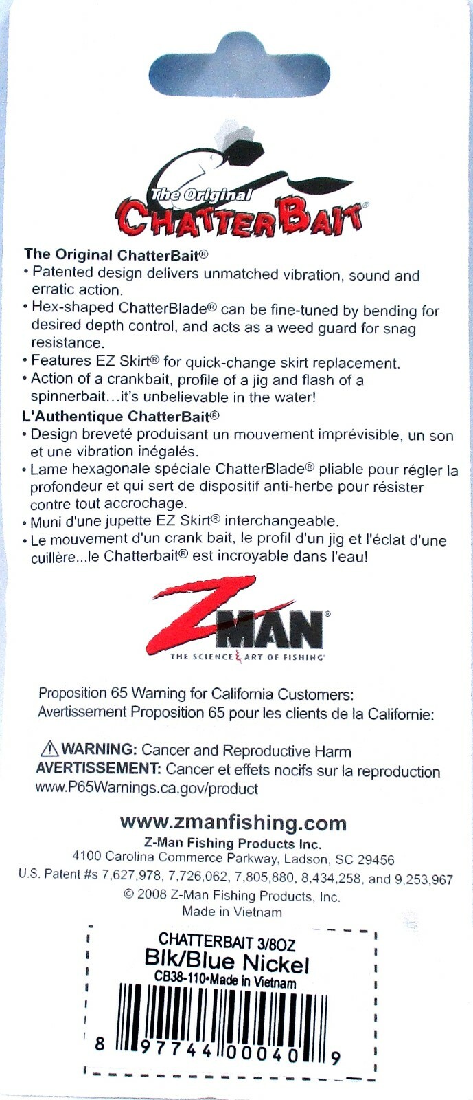 12- Z-Man 3/8 Oz The Original Chatterbait Fishing Lure Black/Blue Nickel CB38110