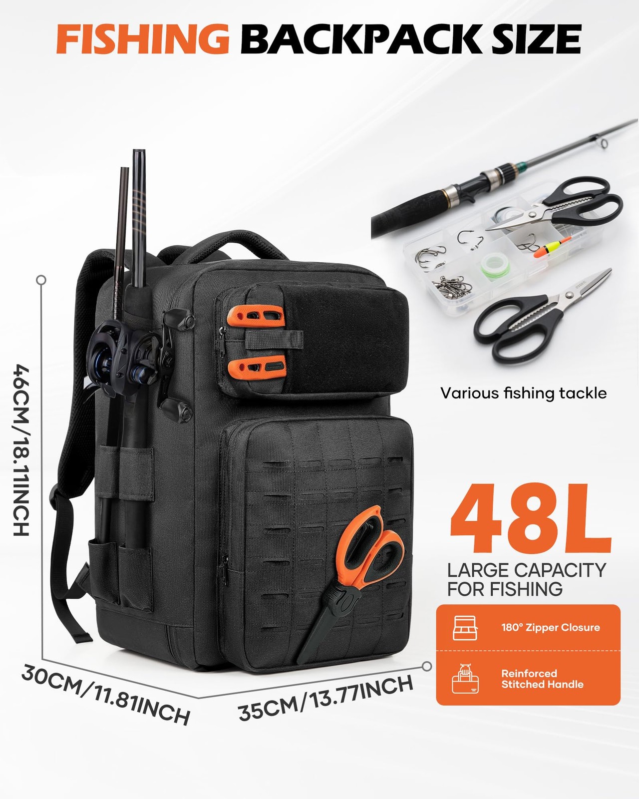 Fishing Tackle Backpack With Rod Holder, 50L Large Water-resistant Tackle Bag...