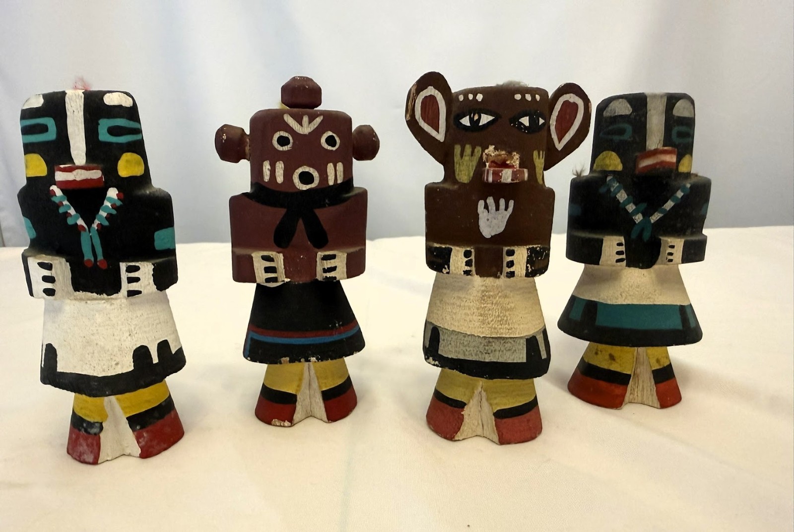 Lot of 4 HOPI KACHINA DOLLS, CARVED & PAINTED COTTONWOOD: Badger, Bear, Mud Head