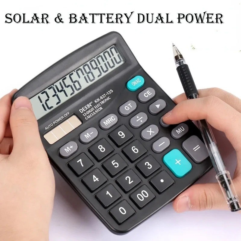 Desk Calculator, 12-Digit Solar Battery Office Calculator with Large LCD Display