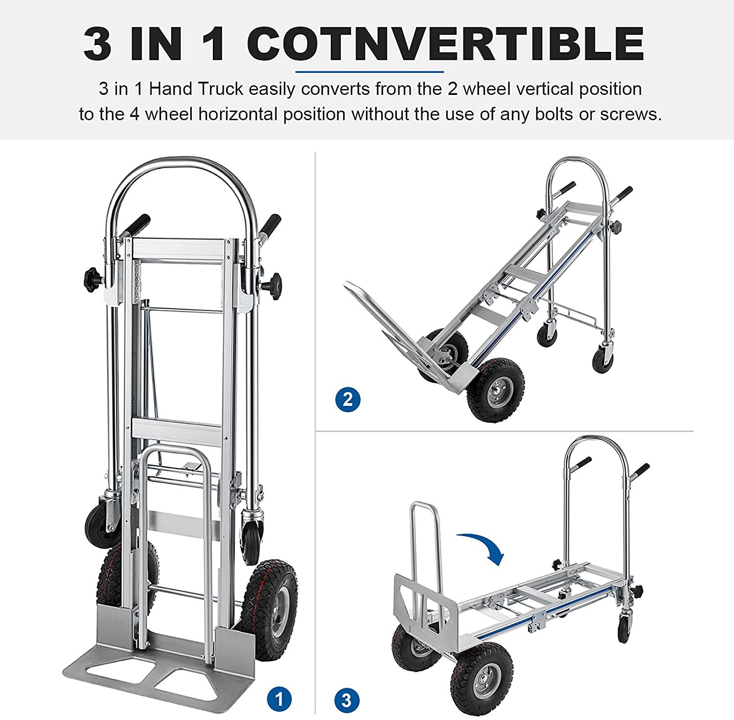 Aluminum Convertible Hand Truck 4-in-1 1000 Lbs Capacity Heavy Duty Dolly Cart