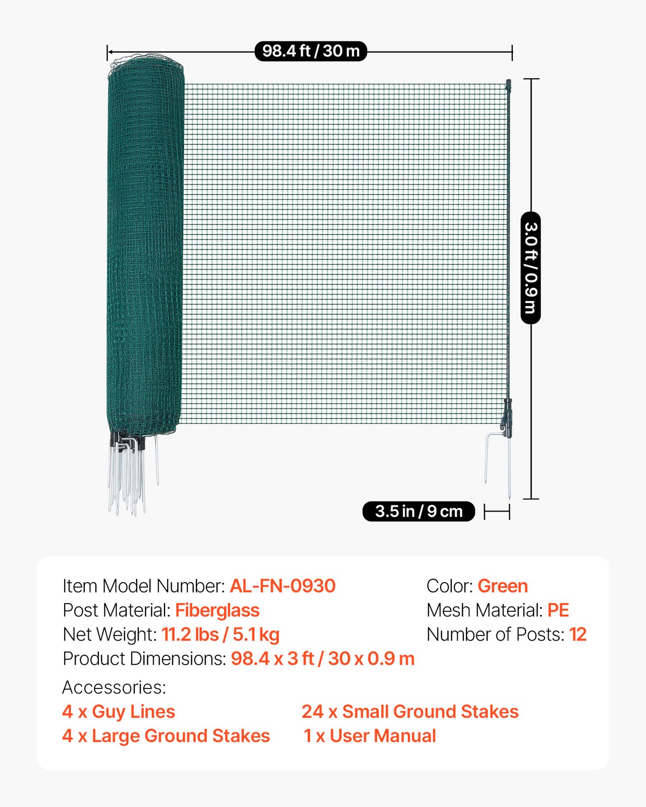 VEVOR Non Electric Fence with Posts 3' x 98.4' Plastic Safety Mesh Fence Netting