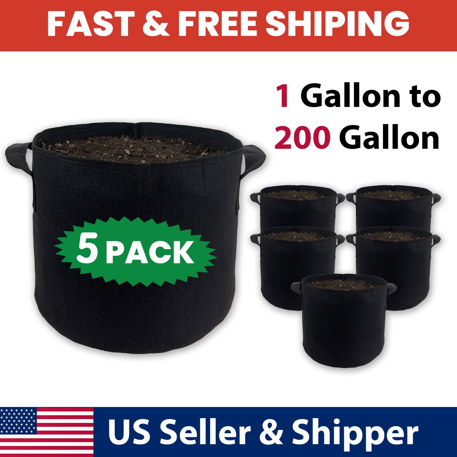 5 Packs Grow Bags Heavy Duty Thickened Nonwoven with Double Reinforced Handles