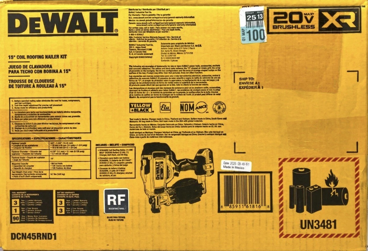 DEWALT 20V XR Brushless 15° Coil Roofing Nailer DCN45RND1 Battery Charger Bag