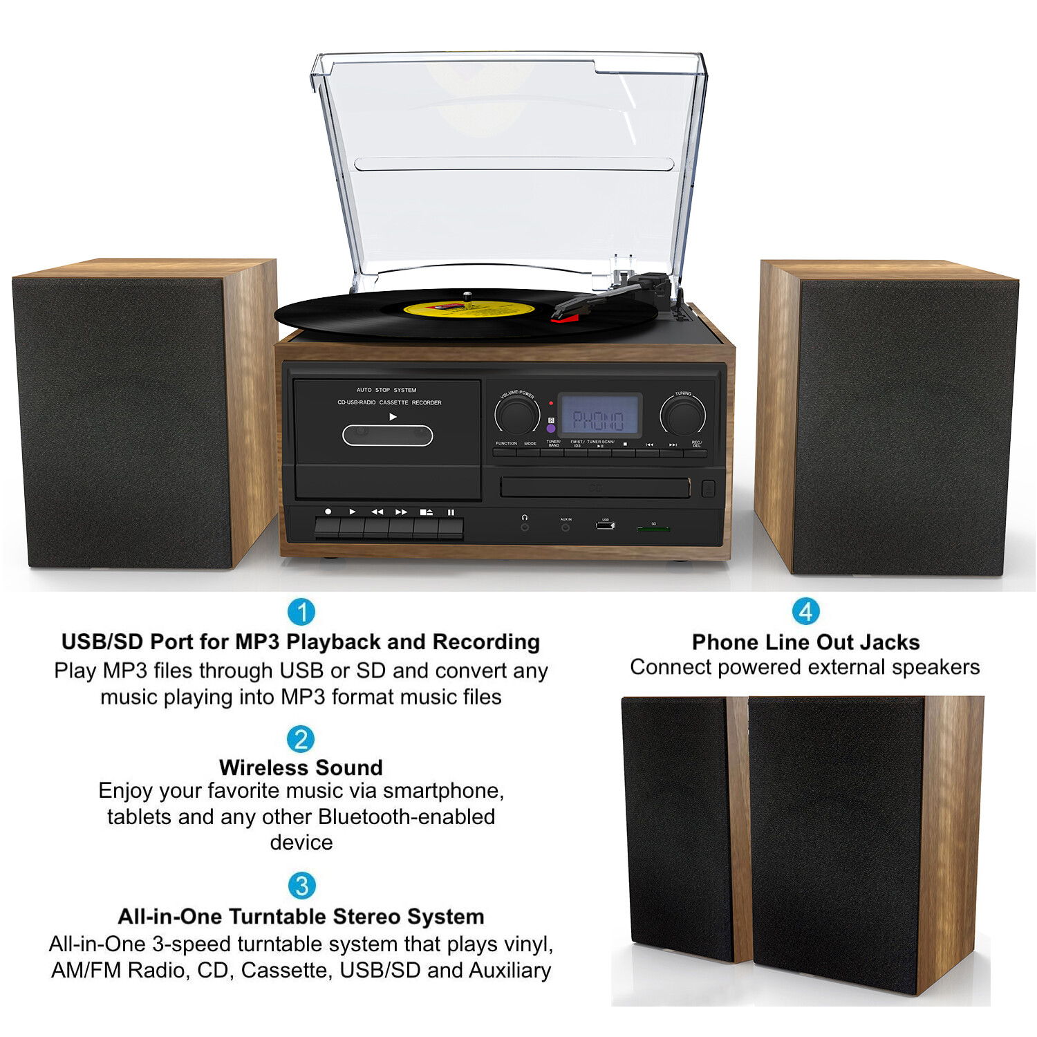 Bluetooth Record Player Turntable, CD Player, Convert LP Vinyl, CD to MP3 Player