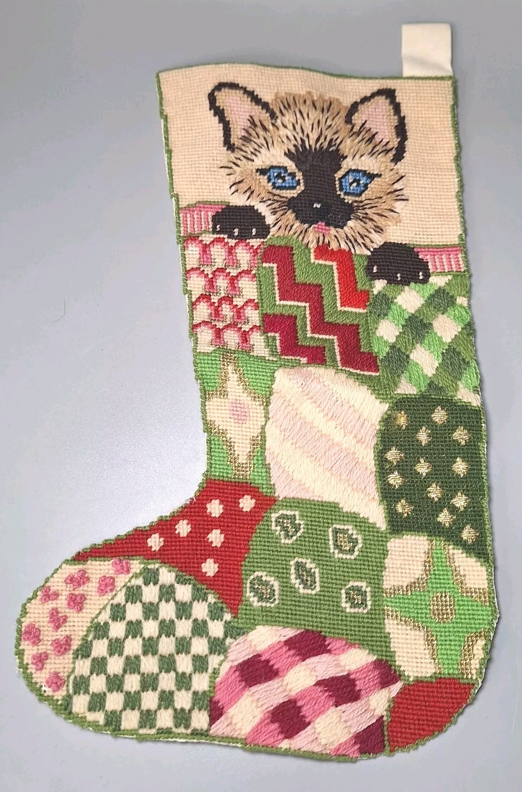 RARE Needlepoint Christmas Stocking Cat Handmade Siamese Kitten Vtg Patchwork