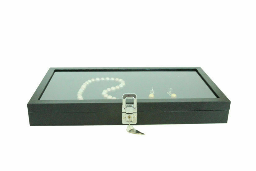 US Seller~2pcs Key Lock Glass Top Black Wooden Jewelry Display Case Organizer