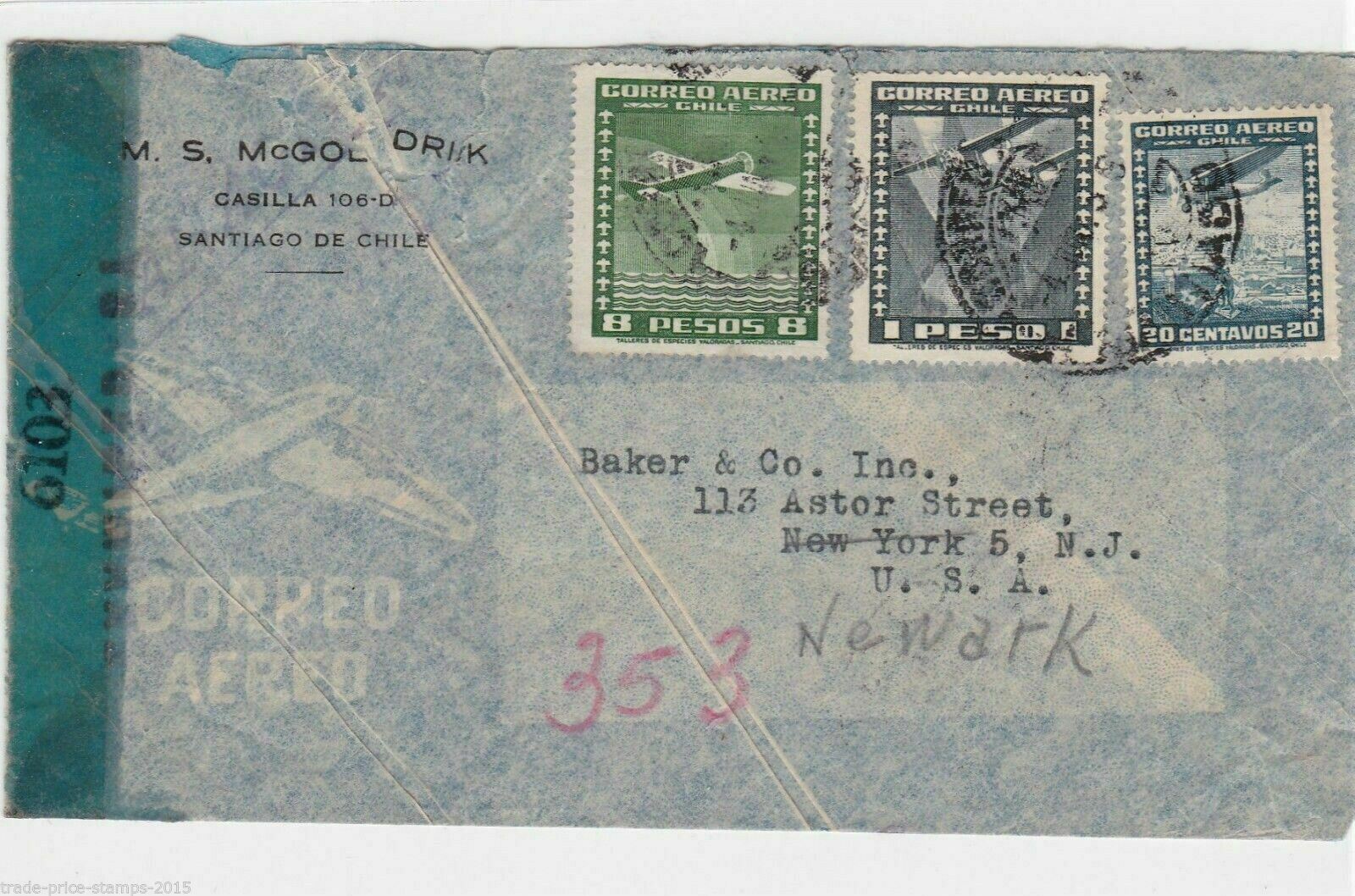 CHILE TO US 1941 COVER , MULTI CANCELS ON REVERSE & CENSOR. REF R385