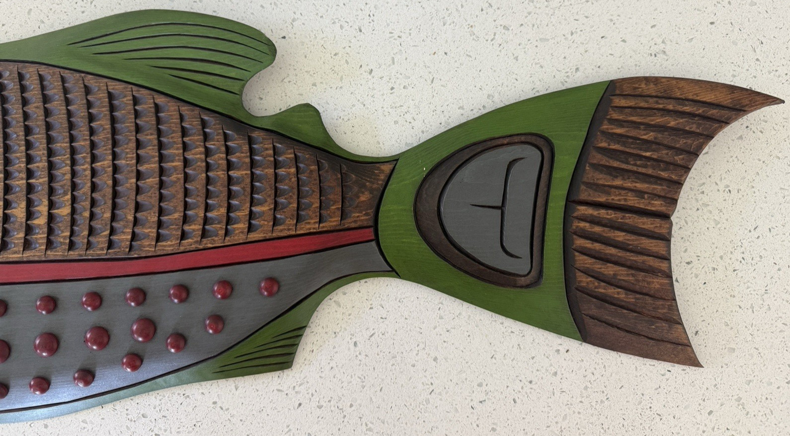 Original Kwakiutl Salmon Spawning Wood Carving by Demsey Willie, Estate Find