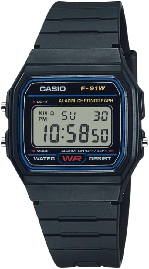 Casio F91W-1,  7 Year Battery Chronograph Watch, Black Resin Strap, Alarm, NEW