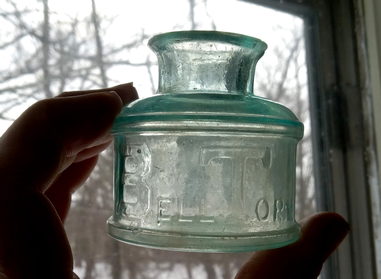 BELL TOP PAT APR.21st 1868 EMB FLARED LIP INK BOTTLE HAND BLOWN NICE