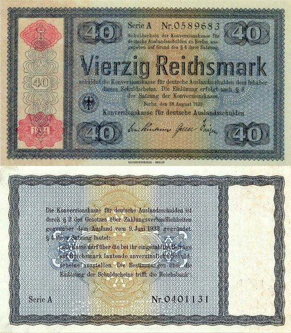 1934 GERMANY 40 REICHMARKS ~ PIC#210 ~ HISTORIC JEWISH CONVERSION NOTES! AU/UNC!
