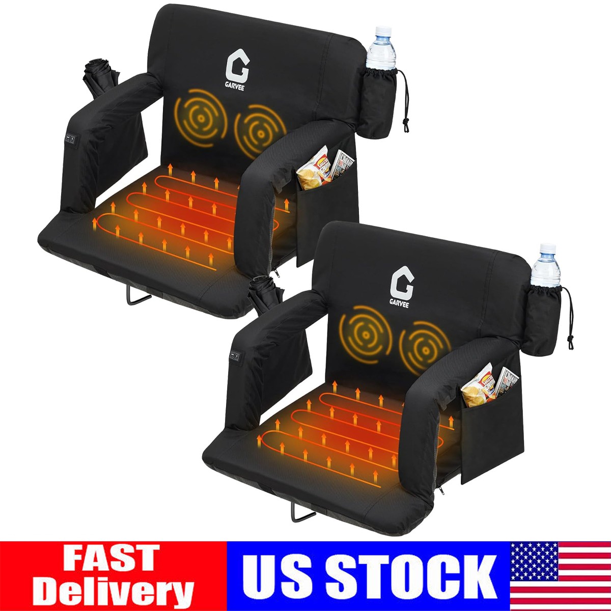 2 Pack Heated Massage Stadium Seats for Bleachers w/Back Support & Wide Cushion