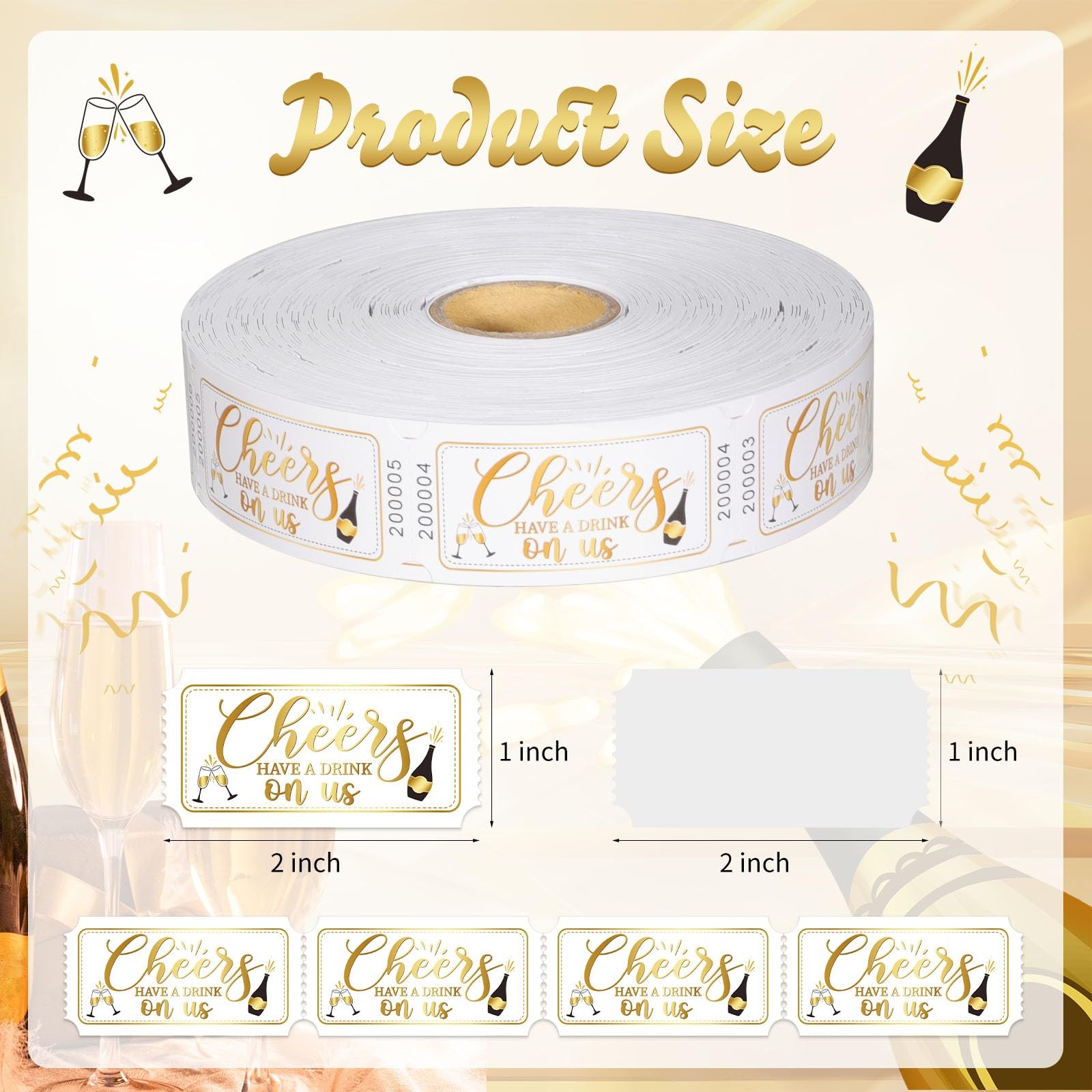 1000 Pcs Drink Ticket Single Raffle Tickets Roll Golden Cheers Free Drink Tic...