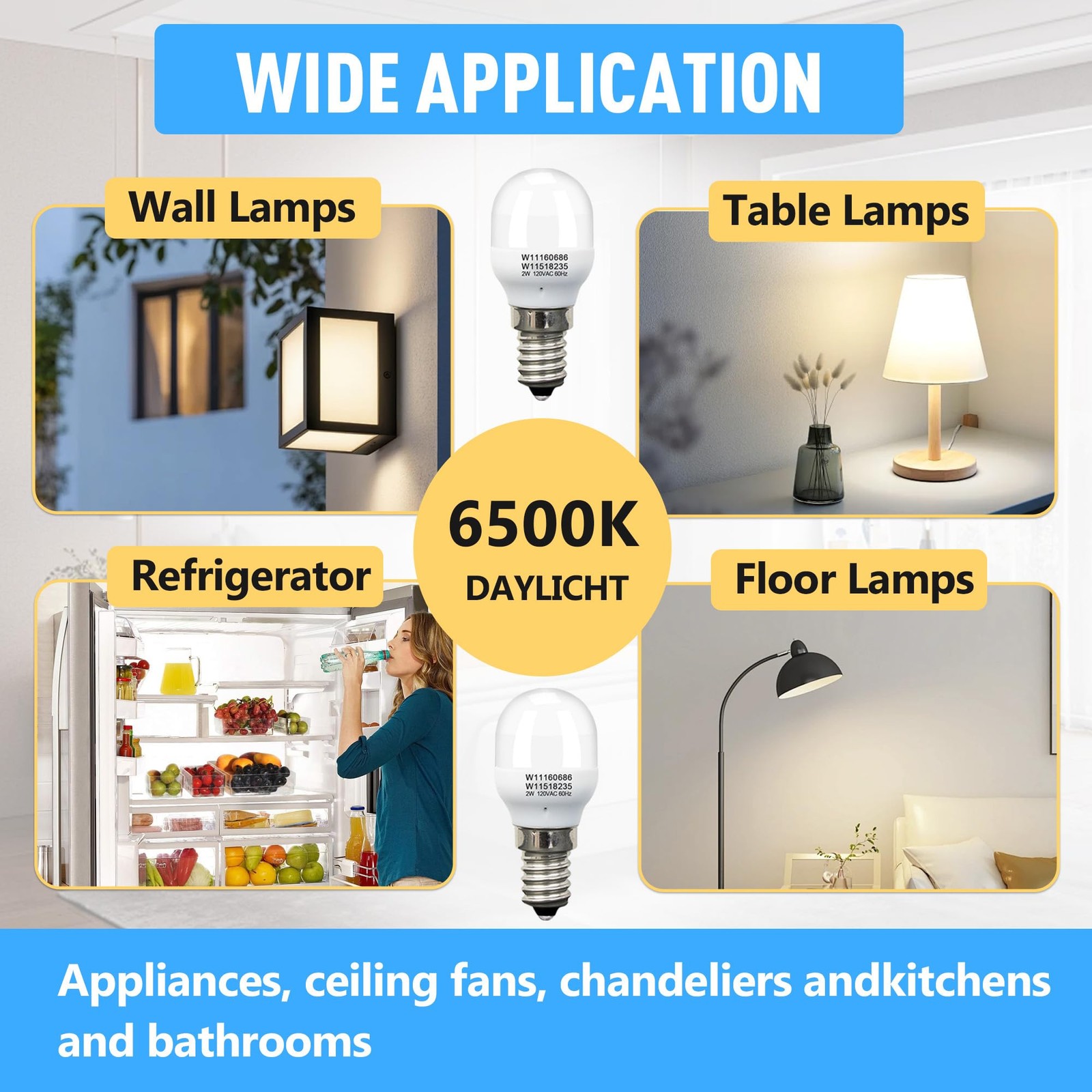 2Pcs W11518235 W11160686 Freezer Light Bulb Replacement for Whirlpool 2 Pack