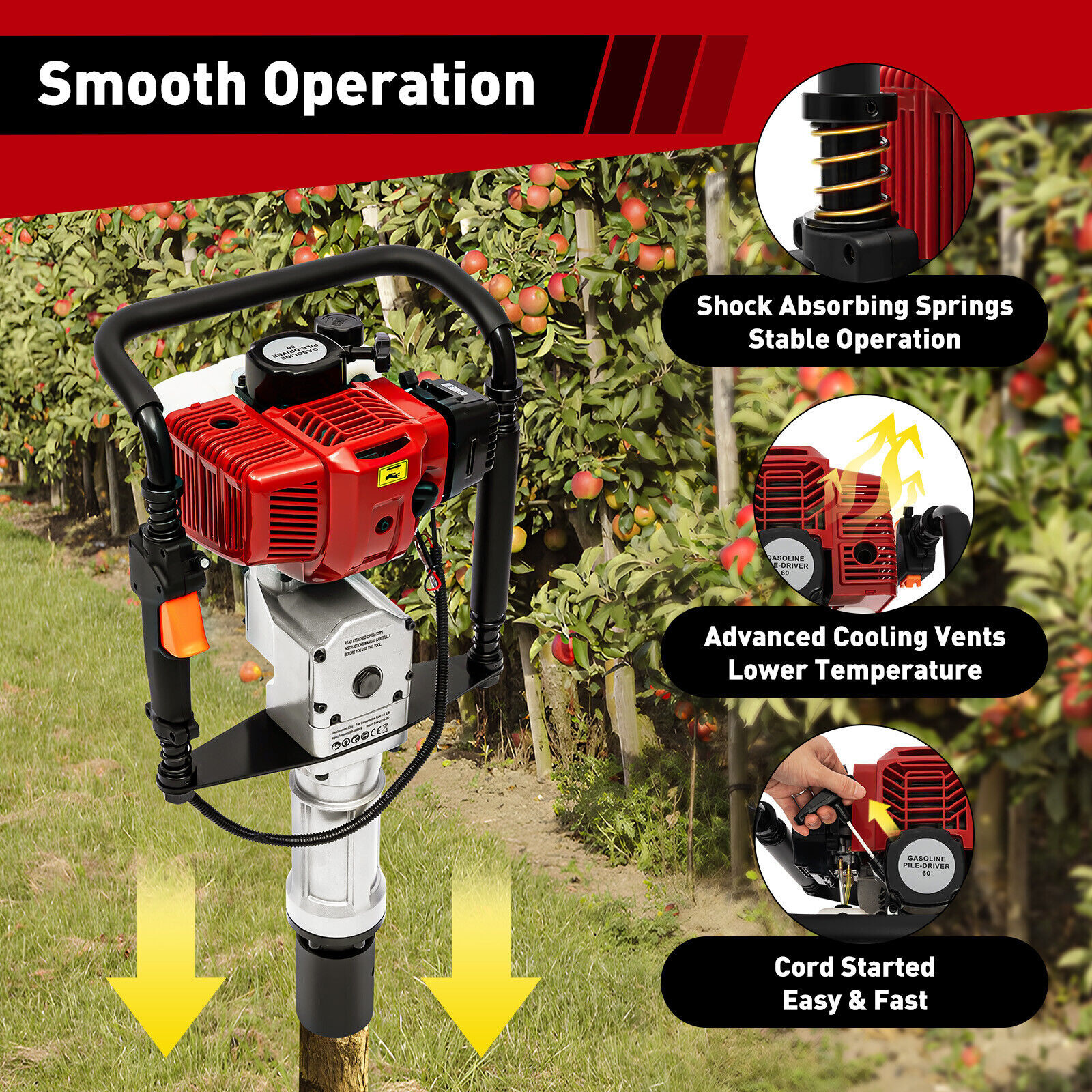 52CC 2.3HP Heavy Duty Gas Powered Fence Pile Driver T-Post Push Gasoline Engine