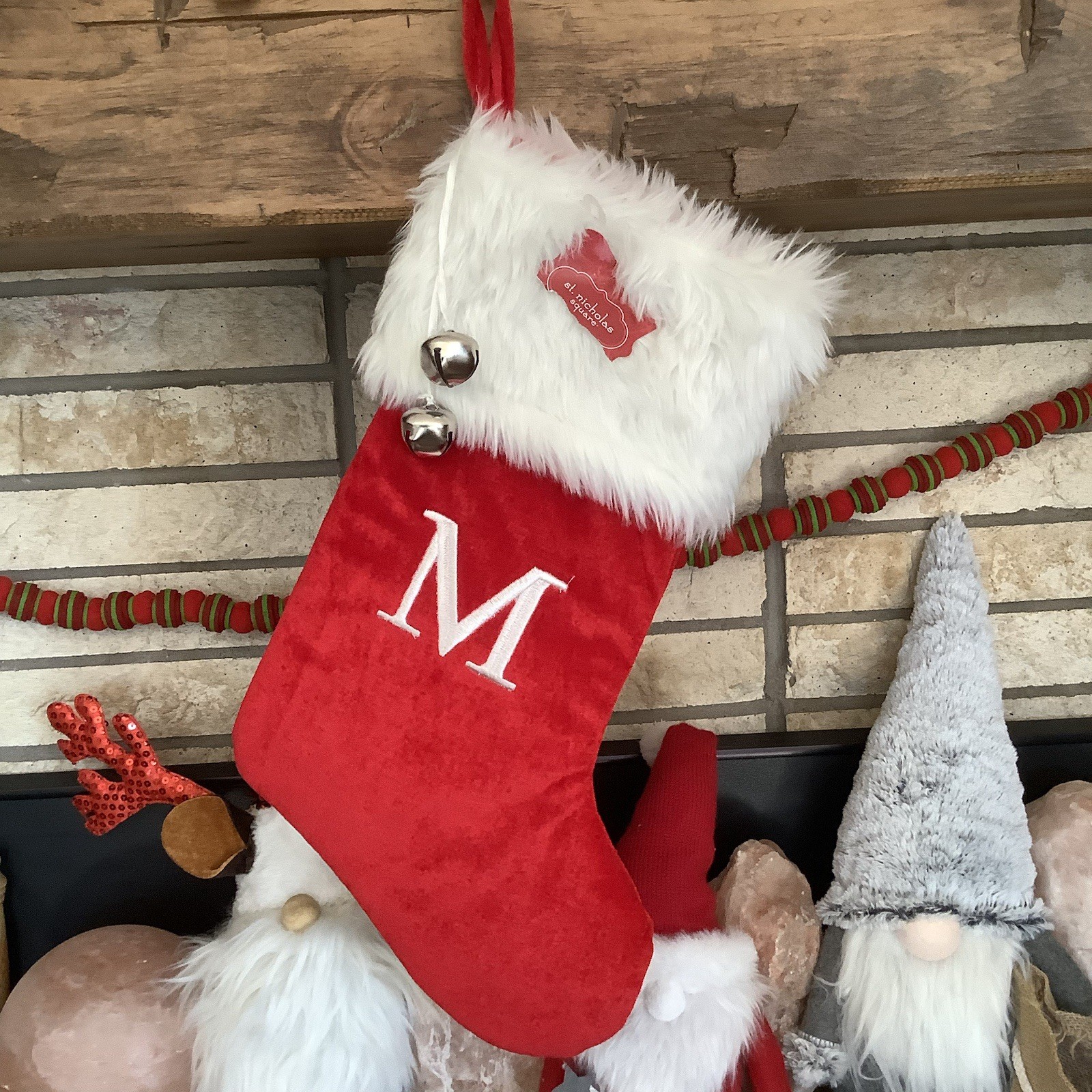 KOHL'S RED VELVET Initial WHITE FUR CUFF MONOGRAM M CHRISTMAS STOCKING BELLS