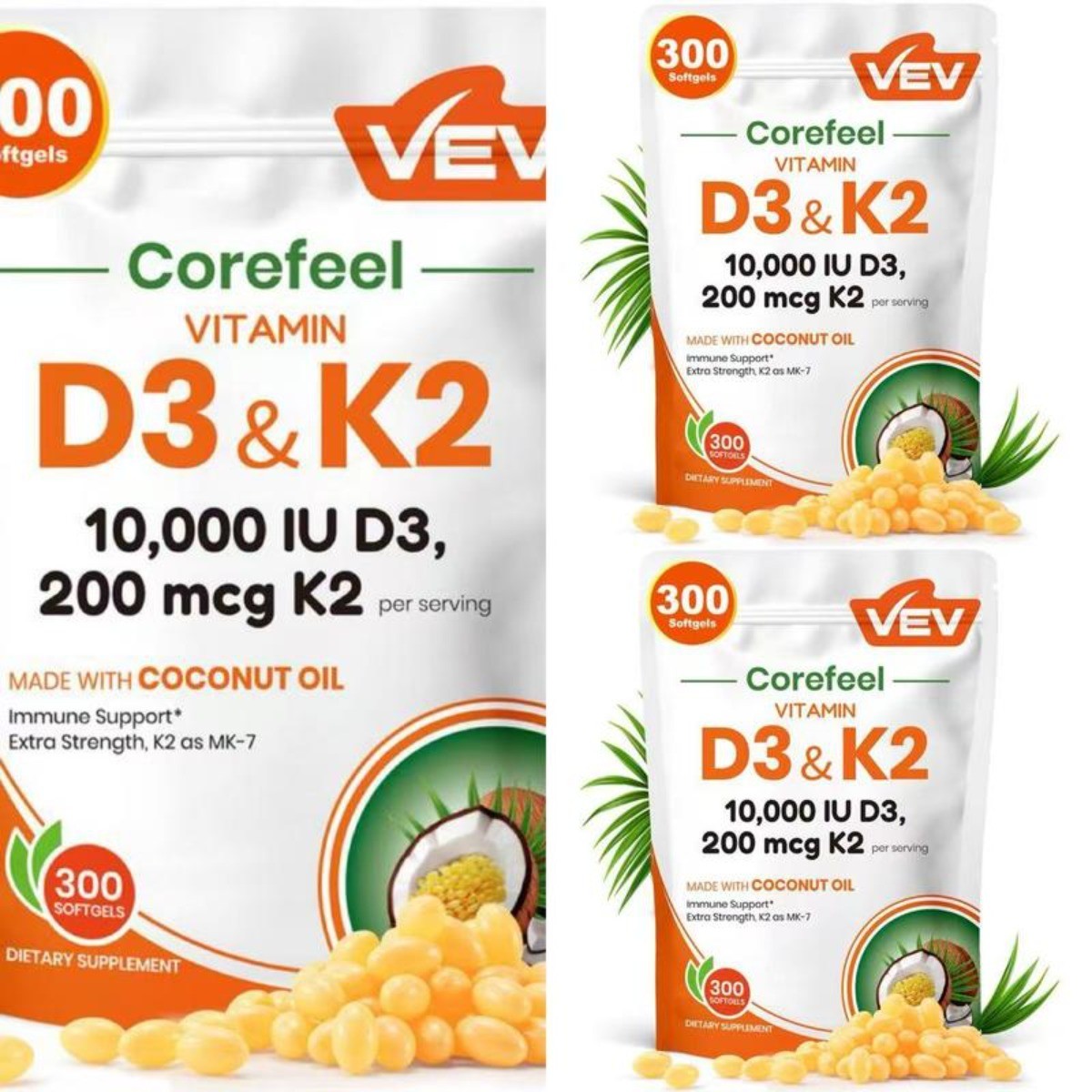 VEV Vitamin D3 K2 10000 IU, 300 Coconut Oil Softgels, 2-in-1 D & K Supplement
