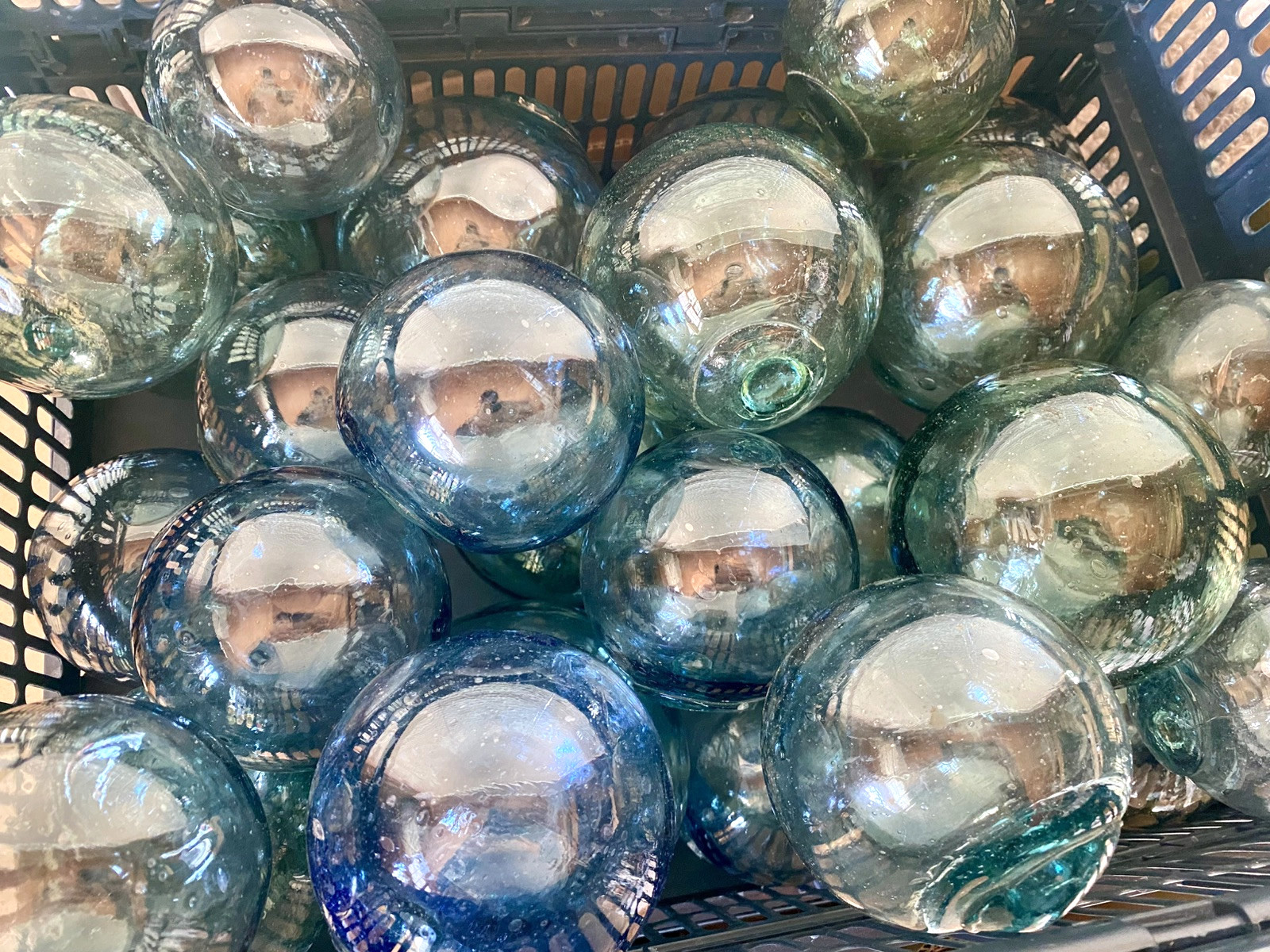 Vintage Japanese Glass Fishing Floats Set (Blue & Green) - 3"-3.5" 10 pcs