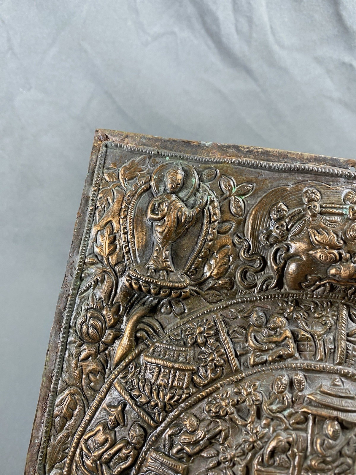 Antique Tibetan Zodiac Repousse Copper Panel Mandala Demonic Deity 10x8”