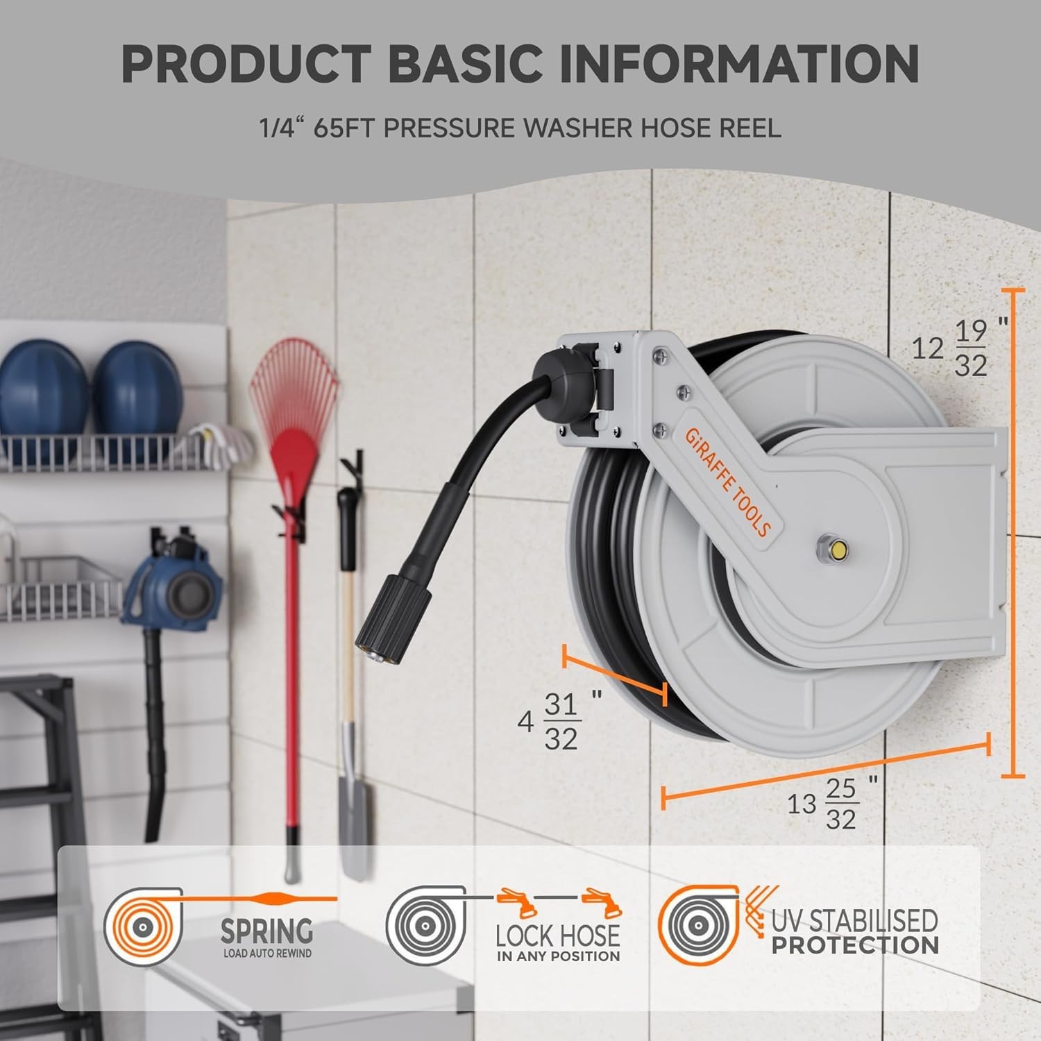 Giraffe Tools 3200PSI Pressure Washer Hose Reel 1/4" x 65 ft Retractable Hose