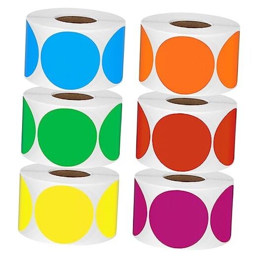 3600 Pcs 2" Round Color Coding Circle Dot Labels on 6 Rolls, 600 Count Each,
