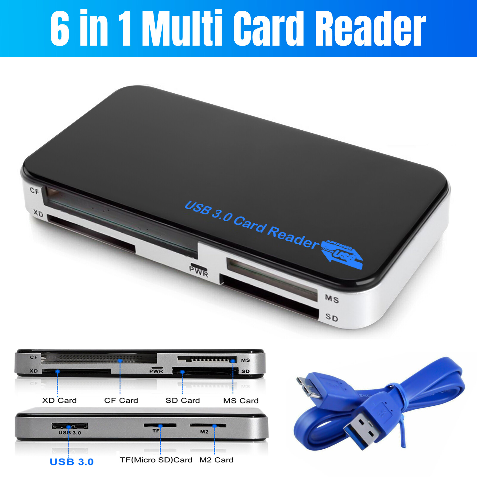 Memory Card Reader, 6 in 1, USB 3.0 Adapter for CF XD Micro SD MS M2 TF, 5Gbps
