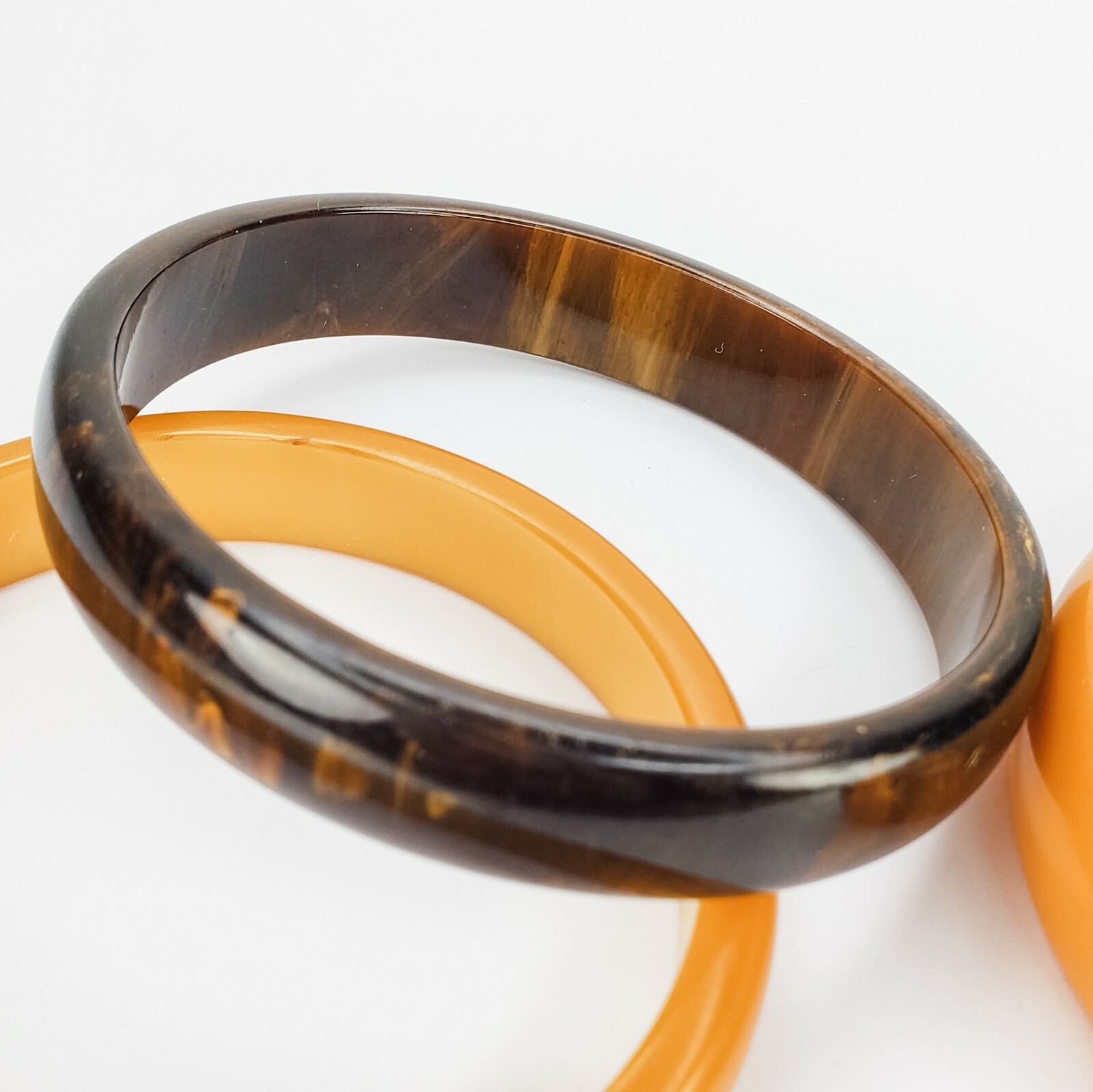 Set of 3 Two Butterscotch Yellow and One Brown Swirled Bakelite Bangle Bracelets