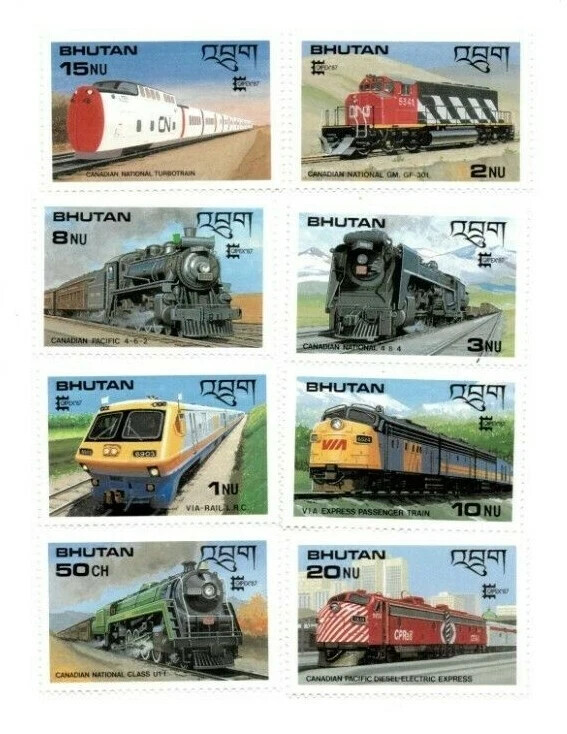 Bhutan 1987 - Trains Railroads - Set of 8 Stamps - Scott #597-604 - MNH