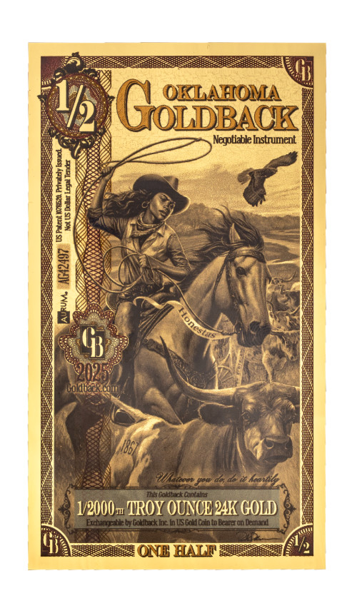 2025 1/2 Half Oklahoma Goldback Goldbacks .999 Fine Gold Polymer Note BU