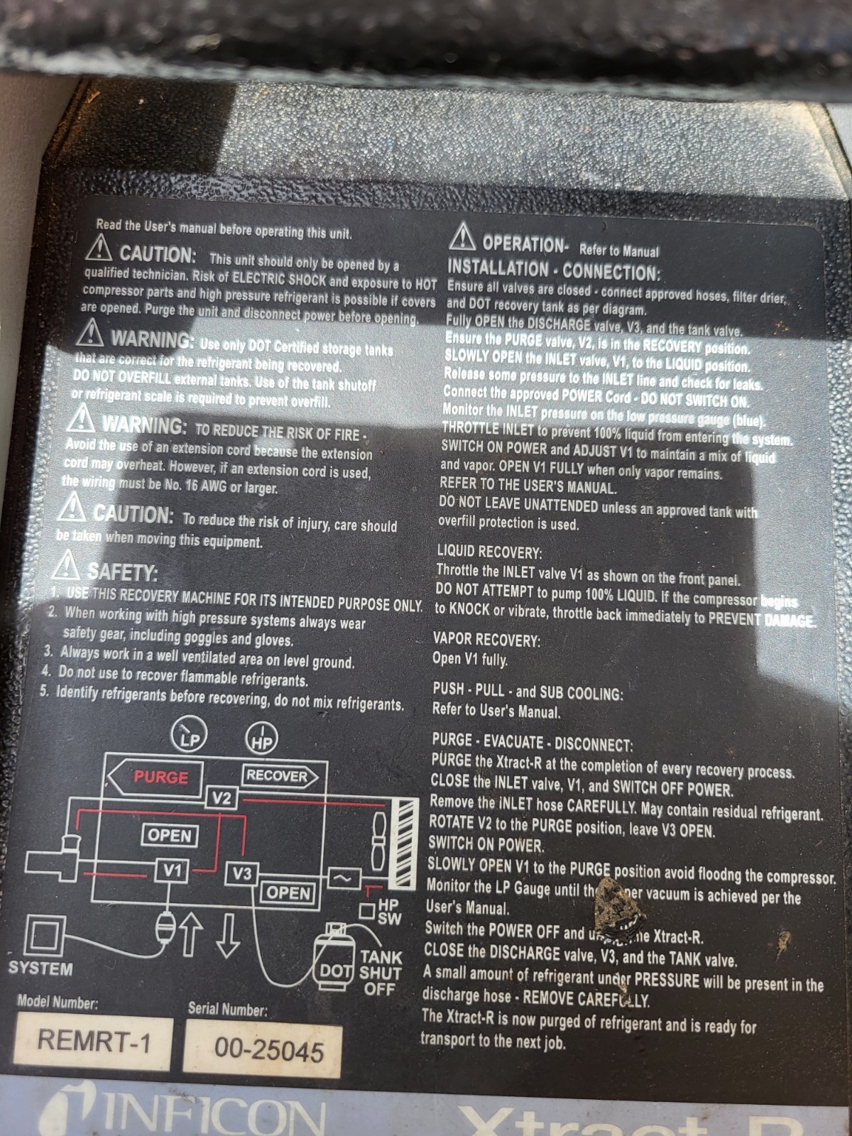 Inficon Vortex Dual Refrigerant Recovery Machine model #REMRT-1 SN# 0025045