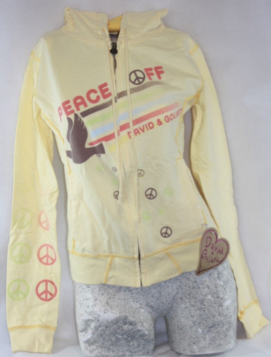 Womens Juniors David & Goliath Yellow Peace Off Full Zip Up Hoodie Sweatshirt