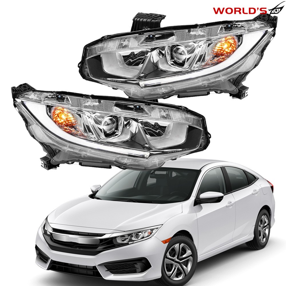 Pair For Honda Civic 2016-2020 Halogen W/LED DRL Headlights Assy Chrome Housing