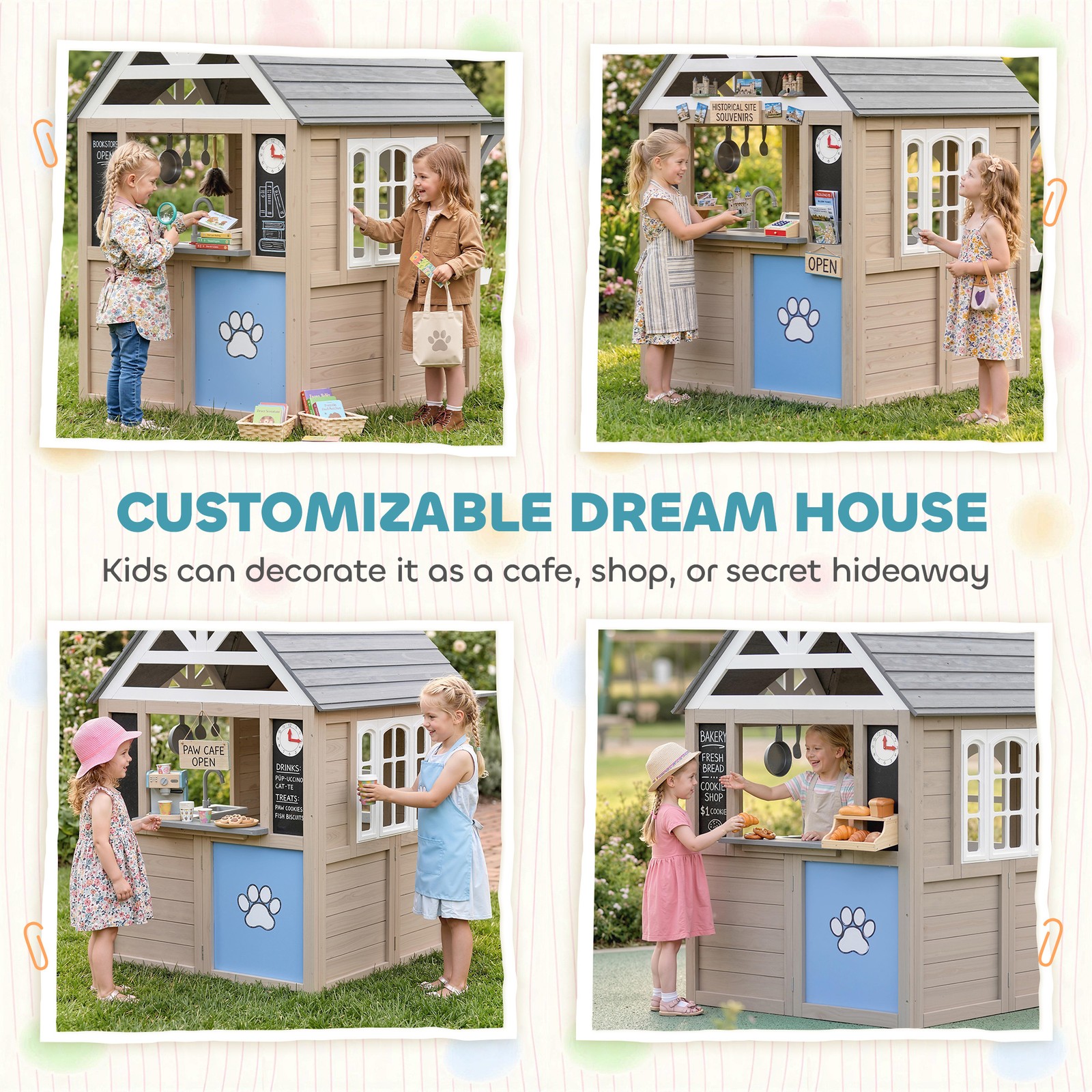 Qaba Outdoor Playhouse, Wooden Kids Playhouse with Dog Door, Cookware, Bell