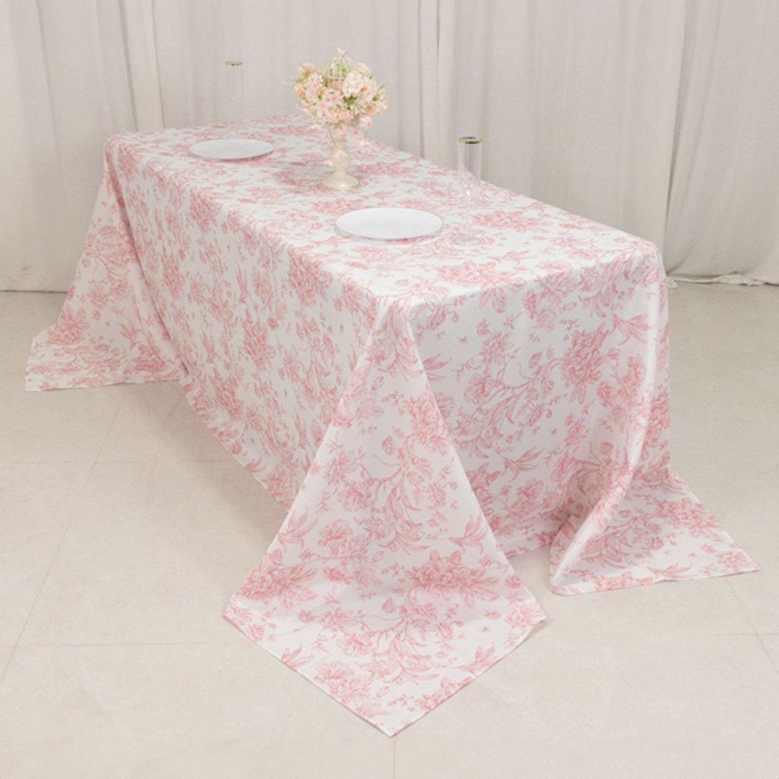 90" x 132" Pink French Toile Pattern Polyester Rectangular Tablecloth
