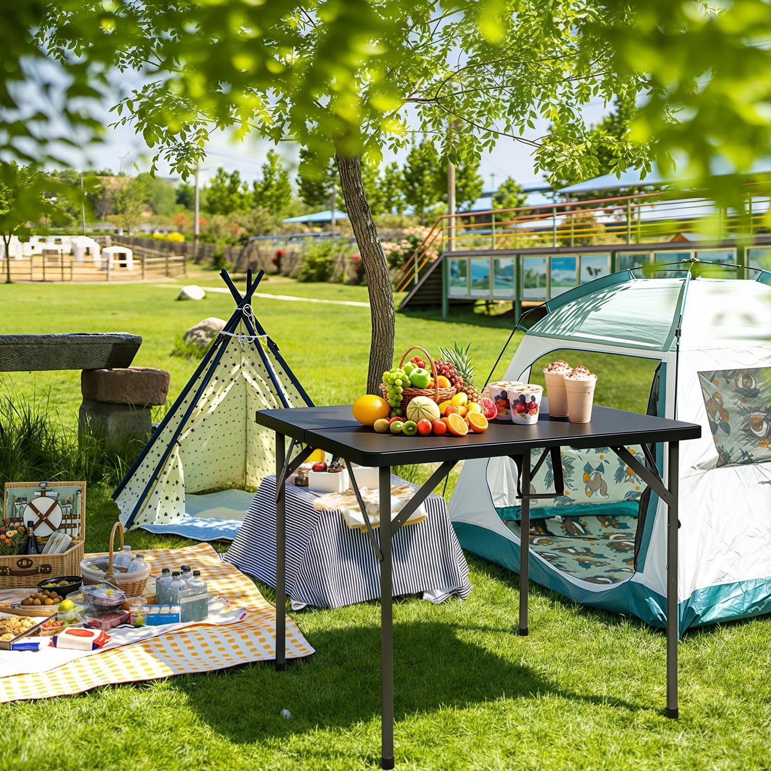 34" Folding Card Table Plastic Table Portable Square Height Dining Table, Black