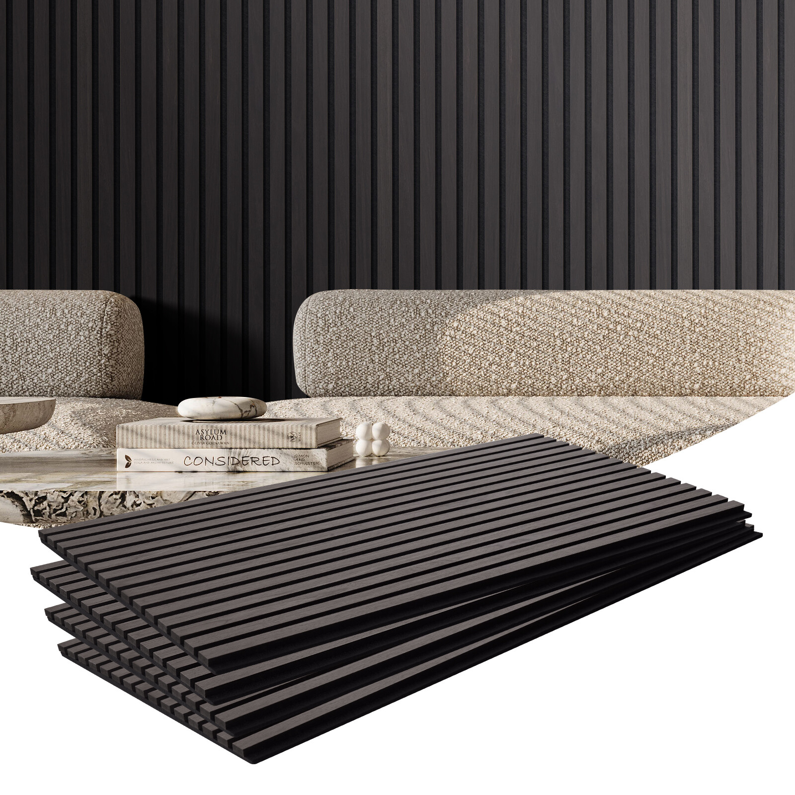 4PCS Acoustic Wood Wall Slat Panels 23.6"x47.2" Sound Absorbing Modern Black Oak