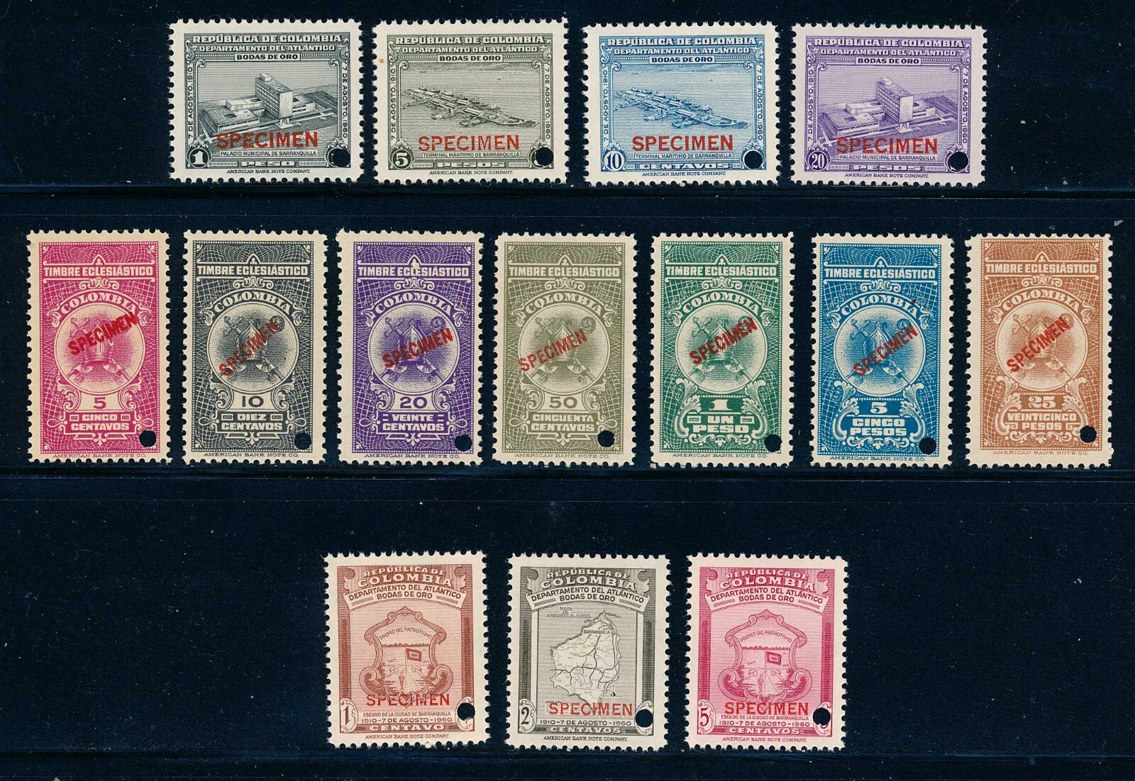 Latin America, Columbia Revenue MNH SPECIMEN stamps (14) Timbre Eclesiastico