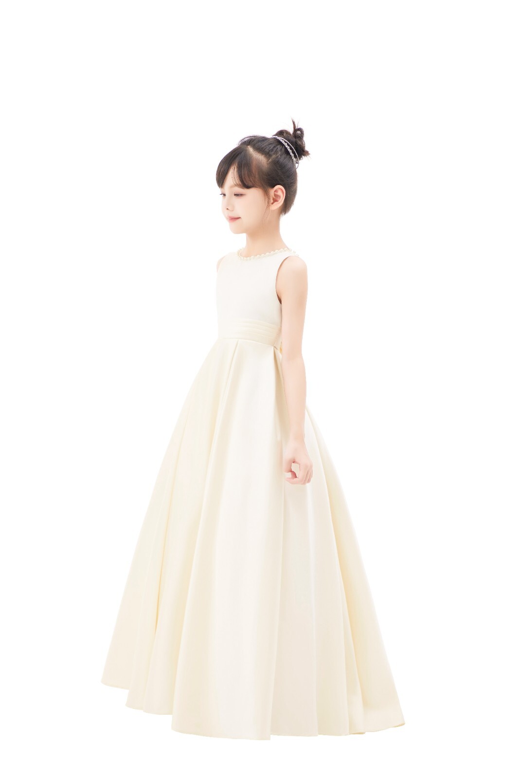 Backless A-line Satin Flower Girl Dress with Pearl Beaded Trim Party Dresses