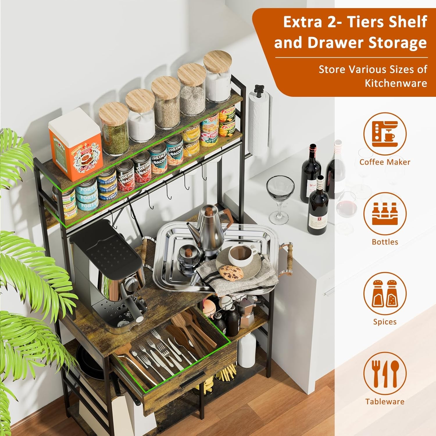 Kitchen Storage Shelf with Power Outlet, 6-Tier Adjustable with Drawer & Baskets