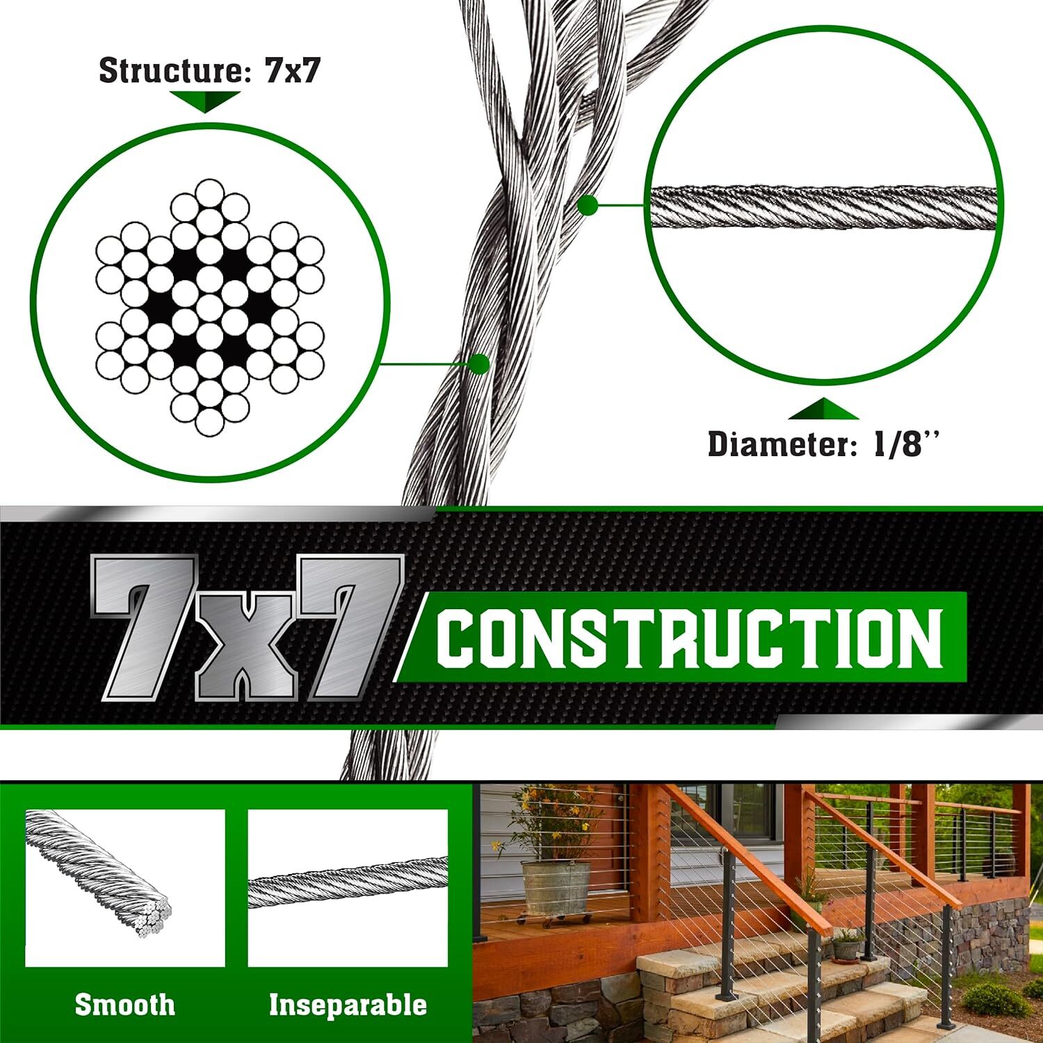 500Ft 1/8 Stainless Steel Cable Wire Rope Aircraft Cable Railing Decking 7x7 DIY